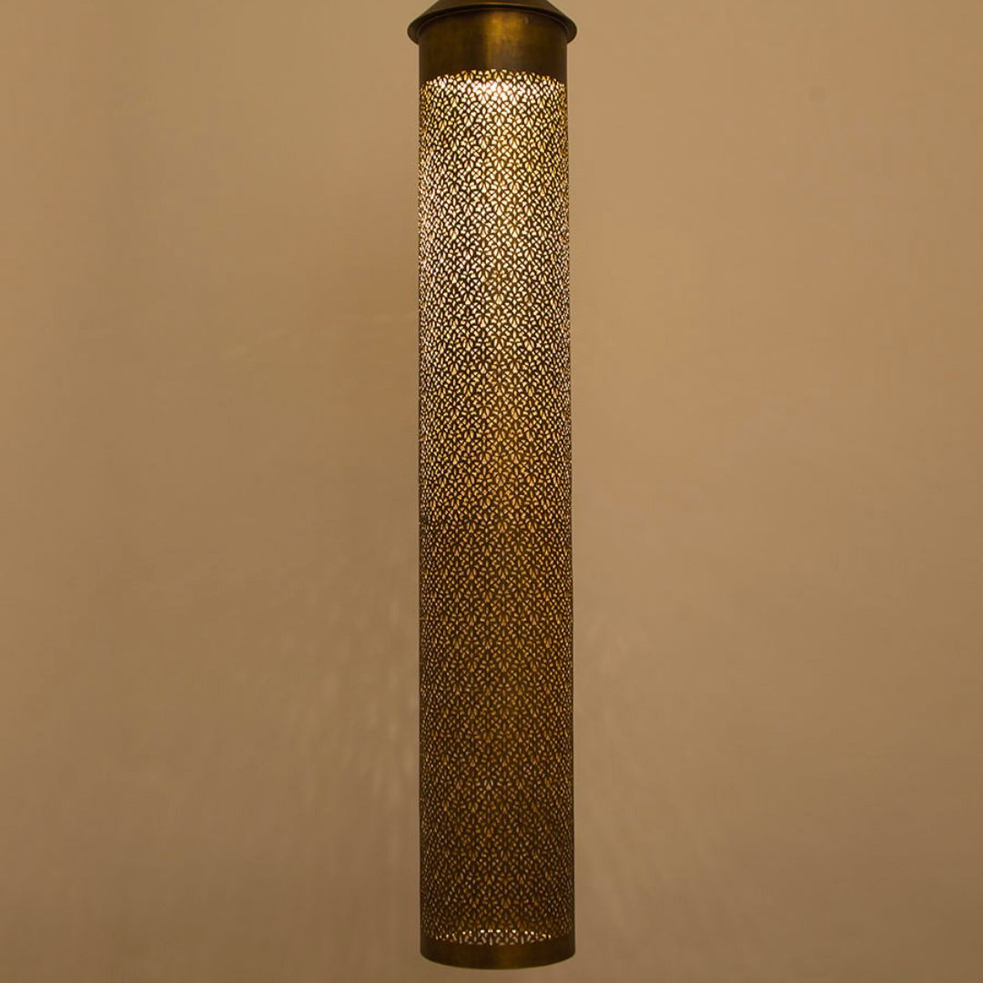 Ashraqat :Tall Cylindrical Hand-Etched Brass Pendant Light
