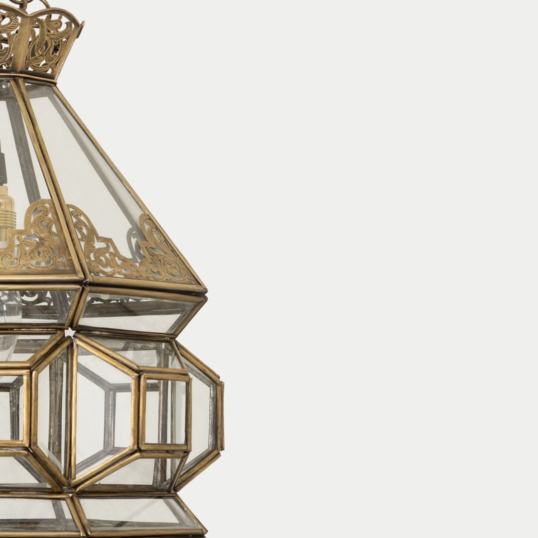 Saoussane : Handcrafted Moroccan Geometric Brass & Glass Pendant Lantern