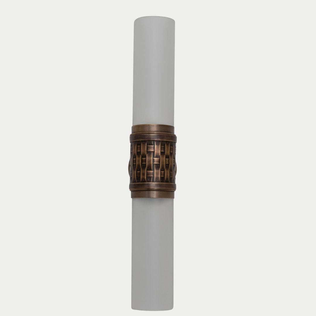 Hand-Woven Brass & Frosted Glass Tubular Wall Sconce