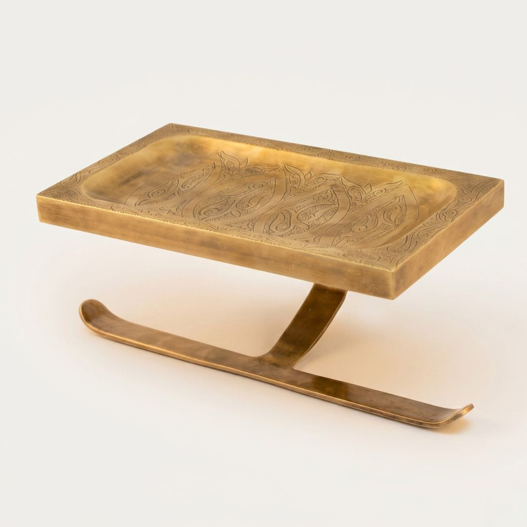 Hand-Etched Brass Toilet Paper Holder with Integrated Tray