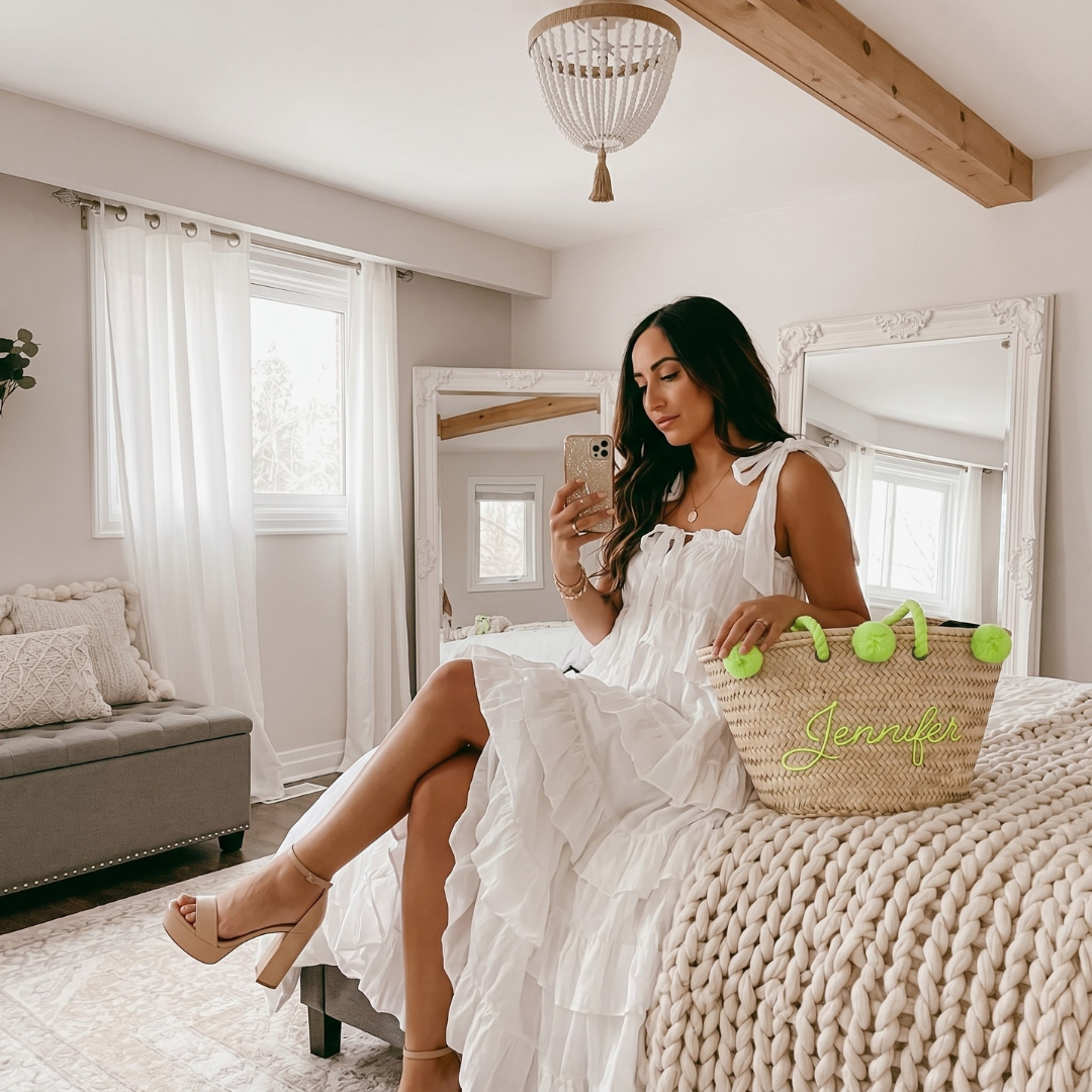 Custom Embroidered Straw Tote – Neon Lime Edition