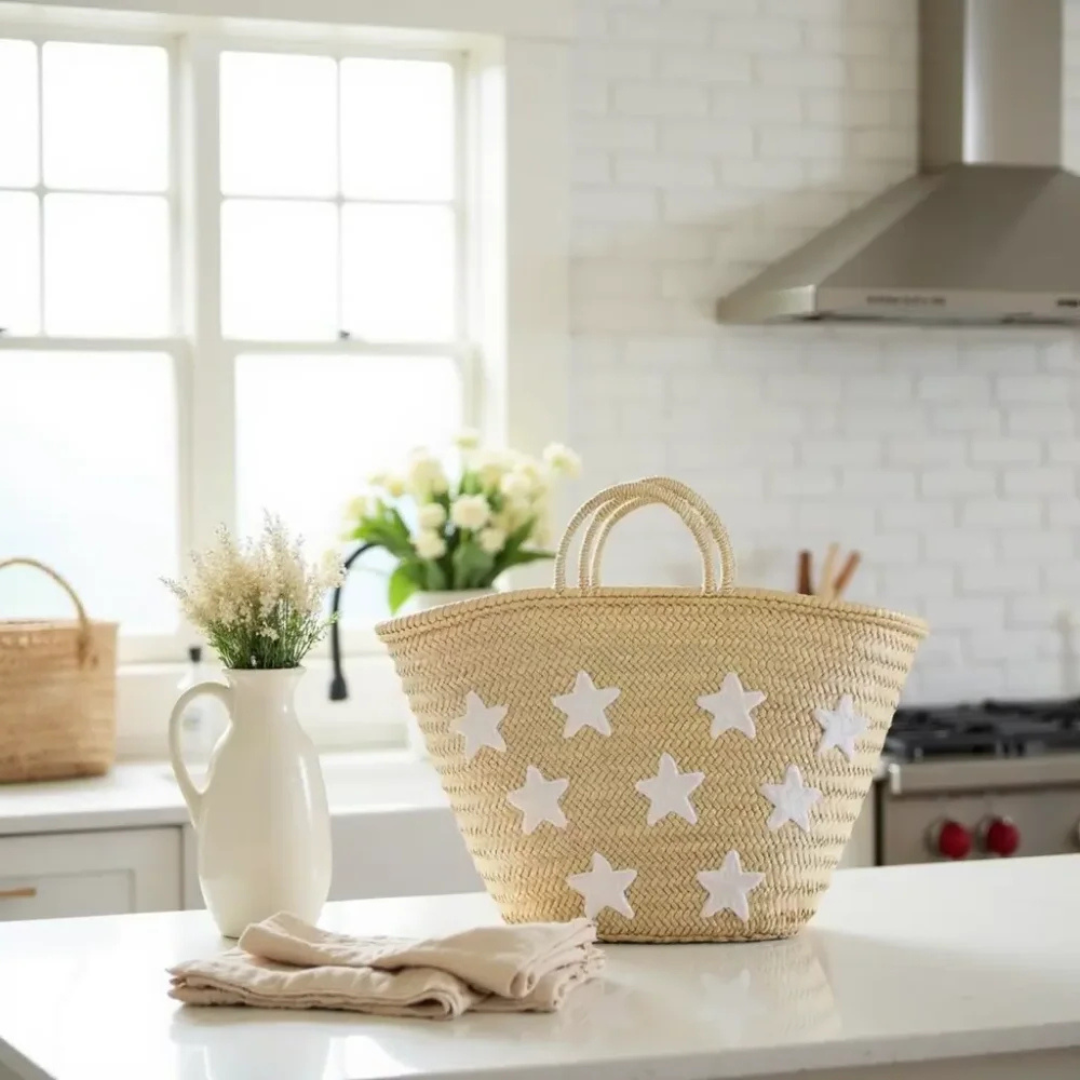 Artisan Moroccan Straw Basket with Hand-Embroidered White Stars