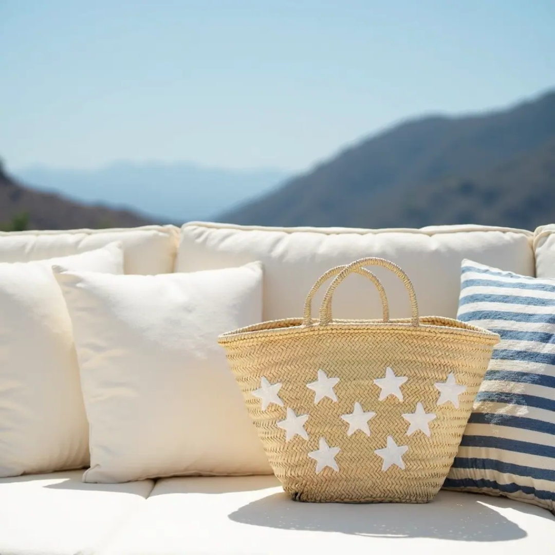 Artisan Moroccan Straw Basket with Hand-Embroidered White Stars