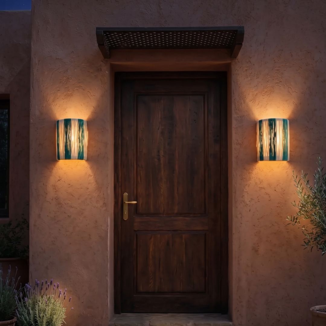 Striped Raffia Sconce – Emerald & Natural Woven Wall Light