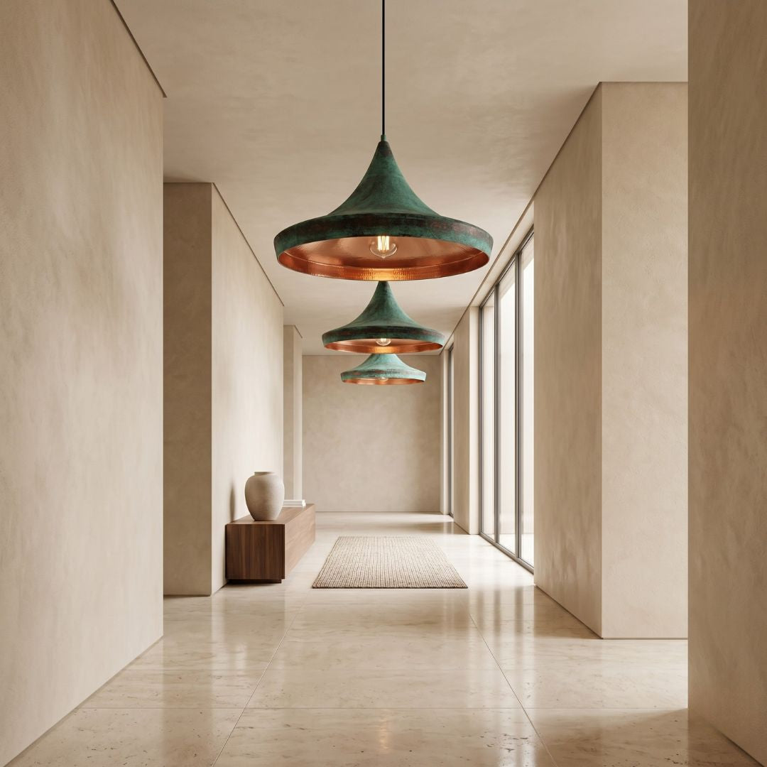 Verdigris Patina and Hammered Copper Pendant Light