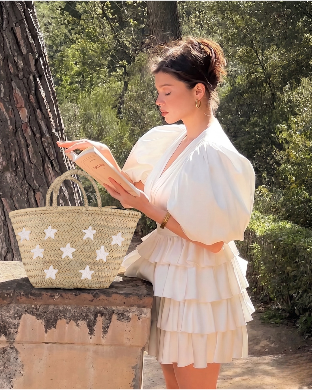 Artisan Moroccan Straw Basket with Hand-Embroidered White Stars