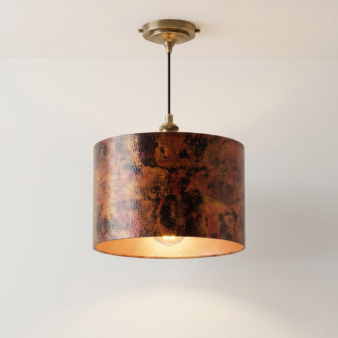 Artisan Oxidized Copper Drum Pendant Light | Hammered Patina