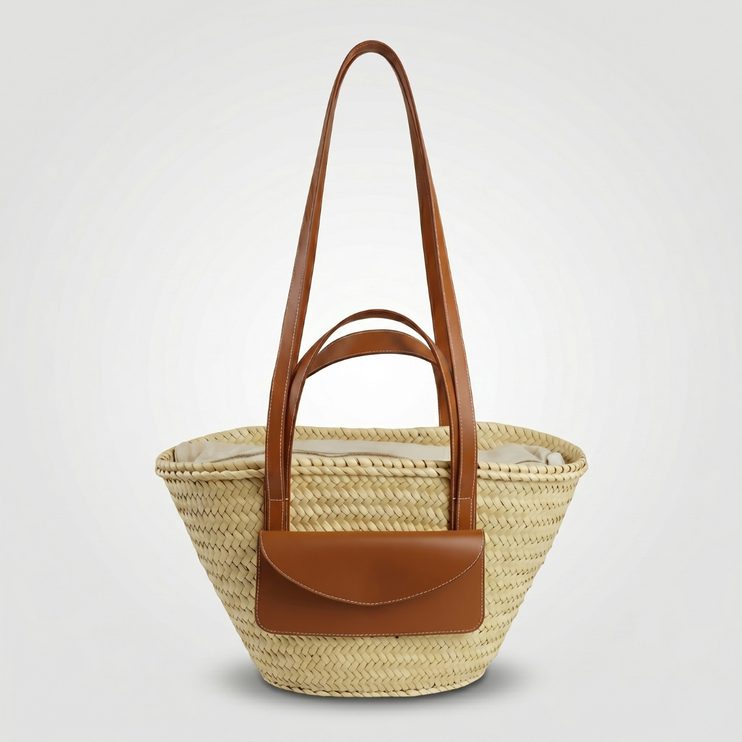 Artisanal Woven Tote with Cognac Leather Flap Pouch