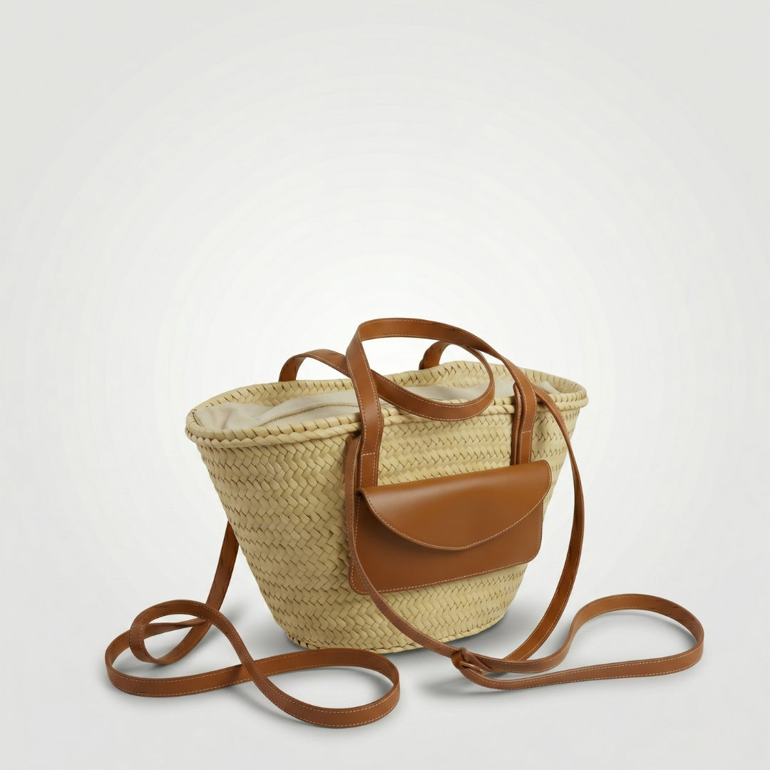 Artisanal Woven Tote with Cognac Leather Flap Pouch