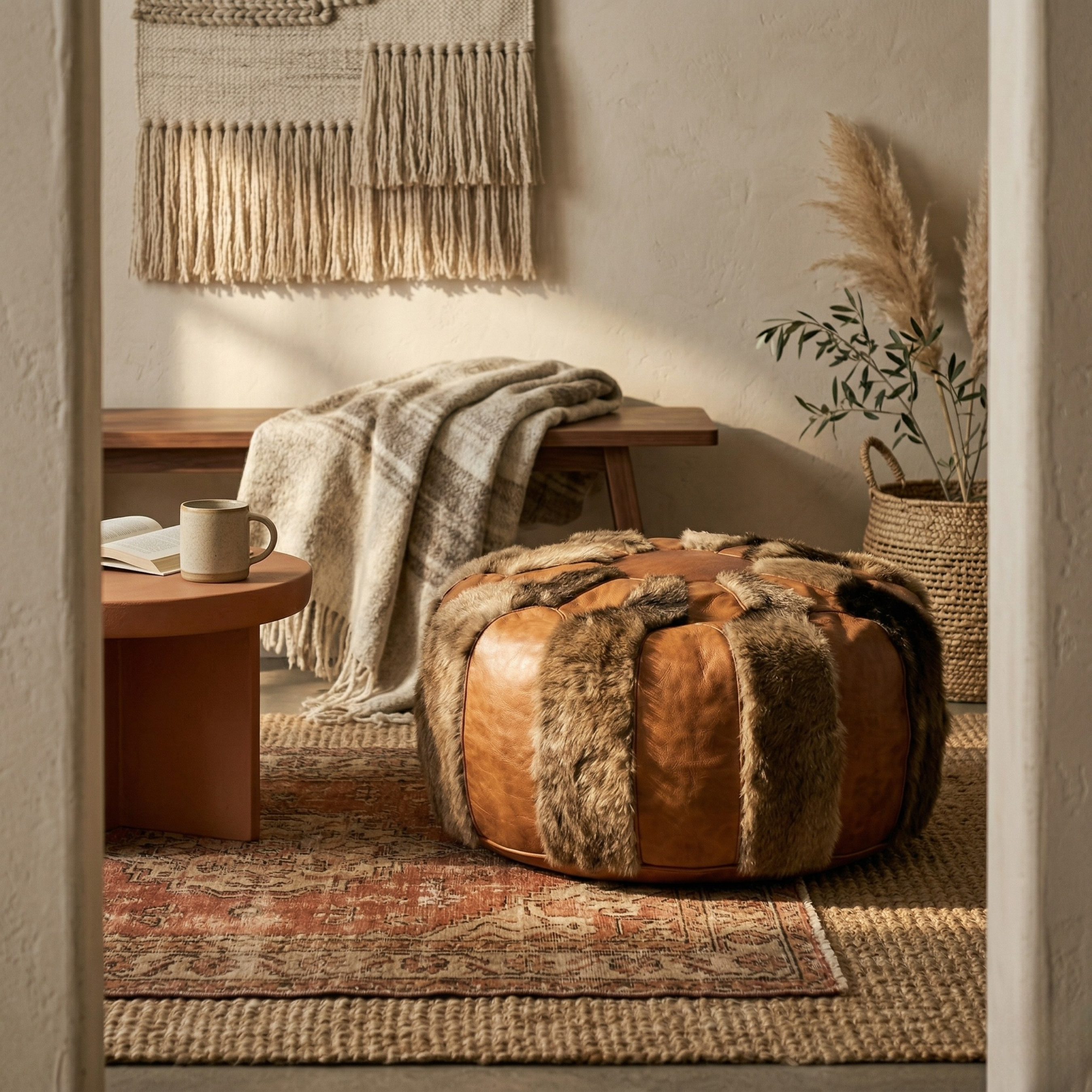 Goat skin Leather Pouf Brown
