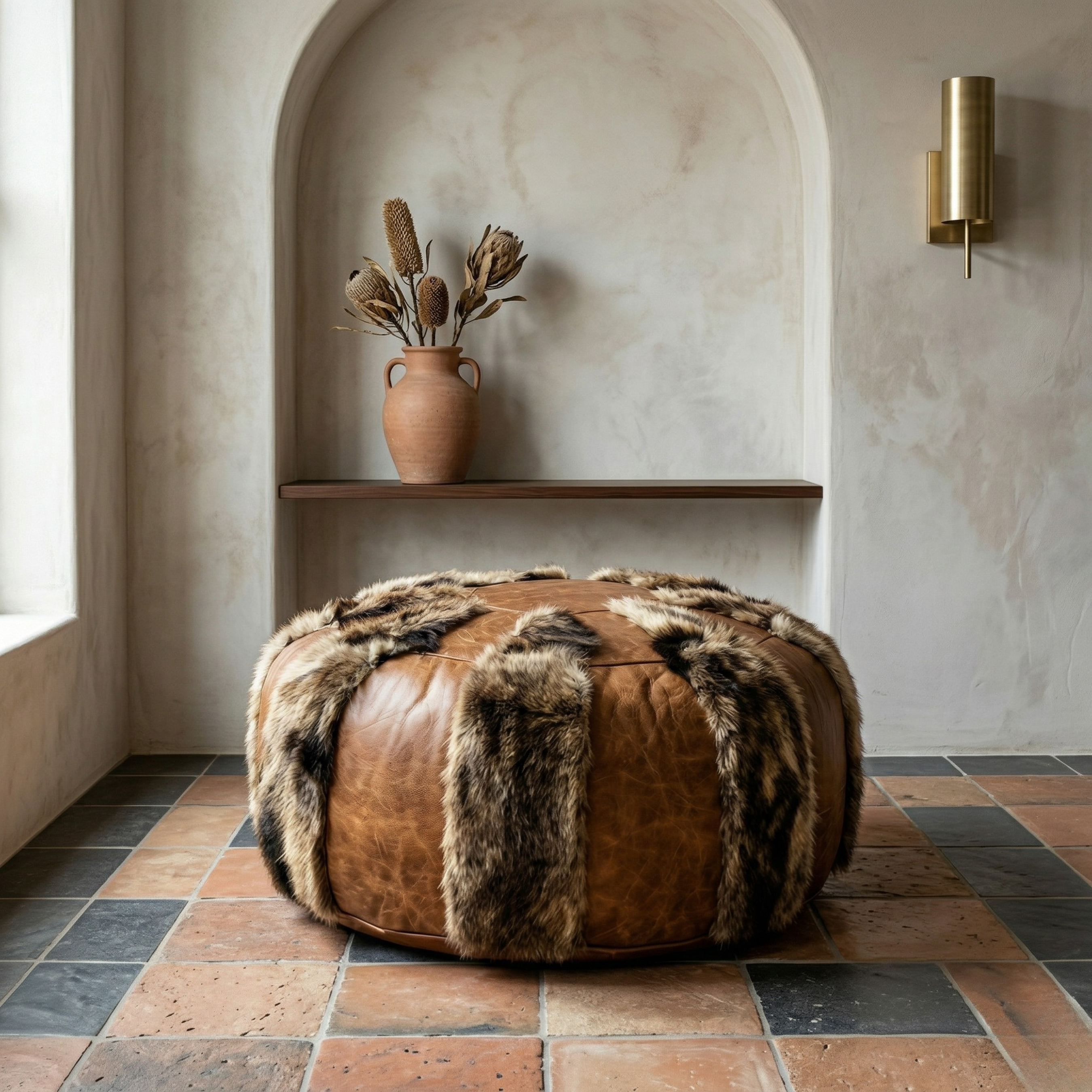 Goat skin Leather Pouf Brown