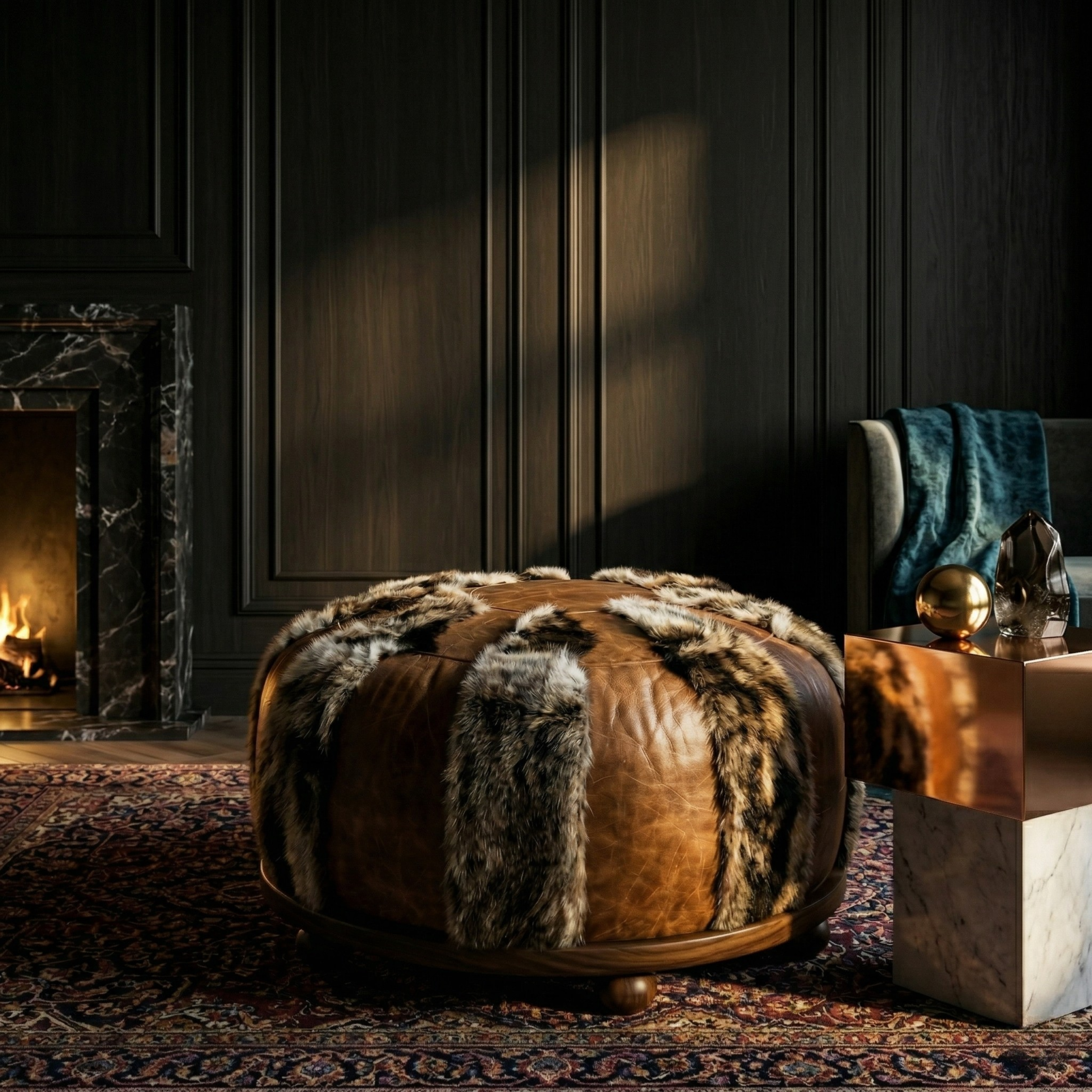 Goat skin Leather Pouf Brown