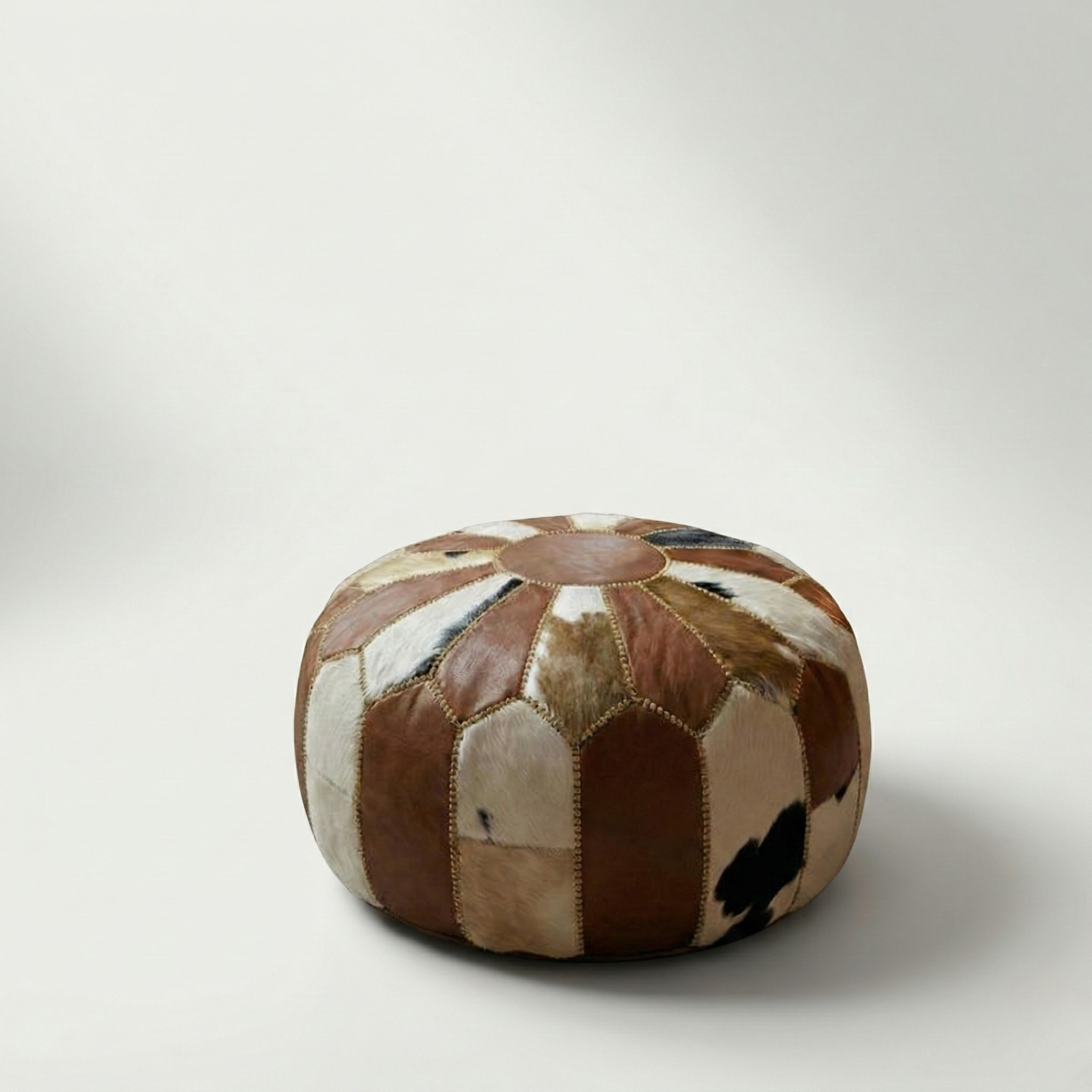 Goat skin Leather Pouf Brown and White