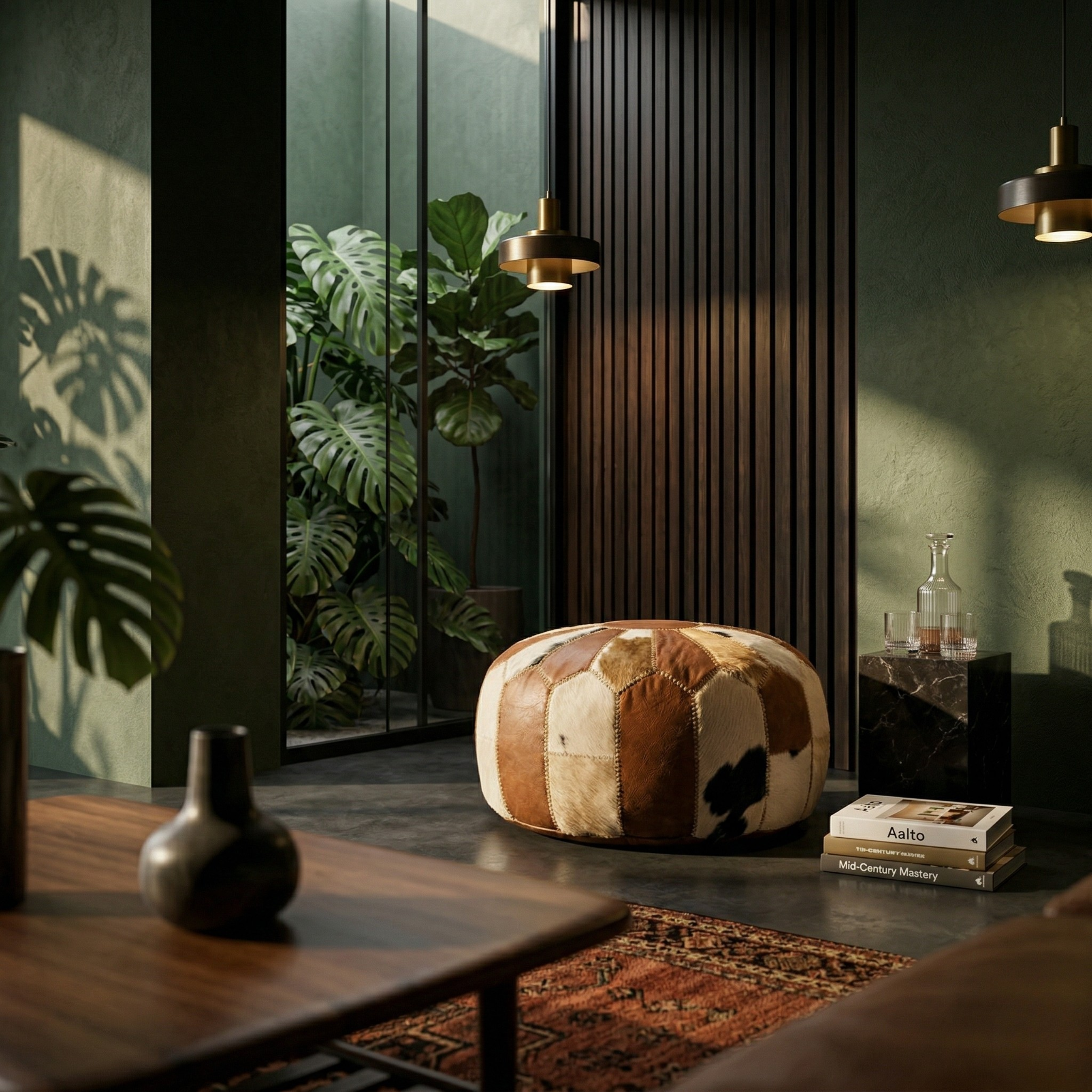 Goat skin Leather Pouf Brown and White
