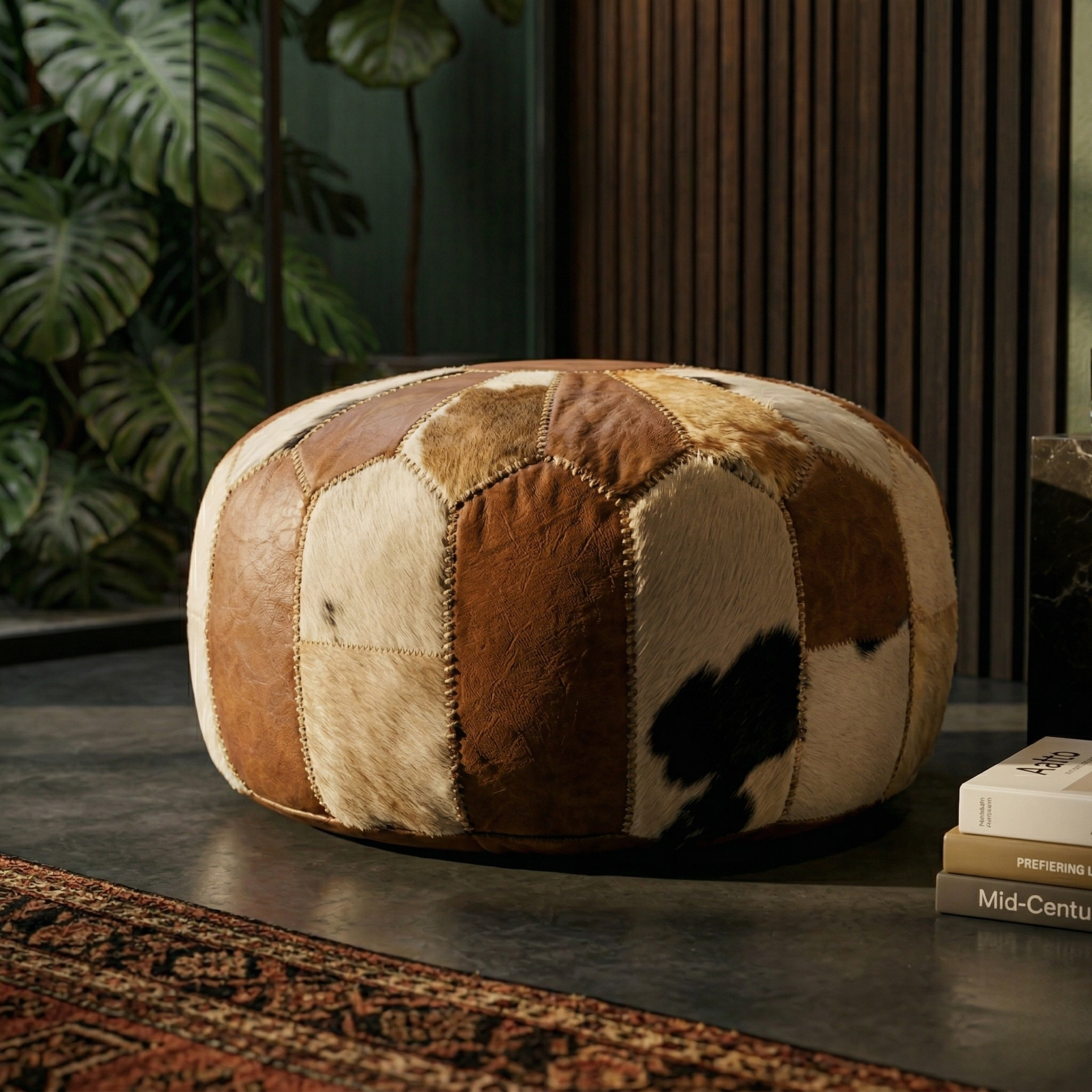 Goat skin Leather Pouf Brown and White