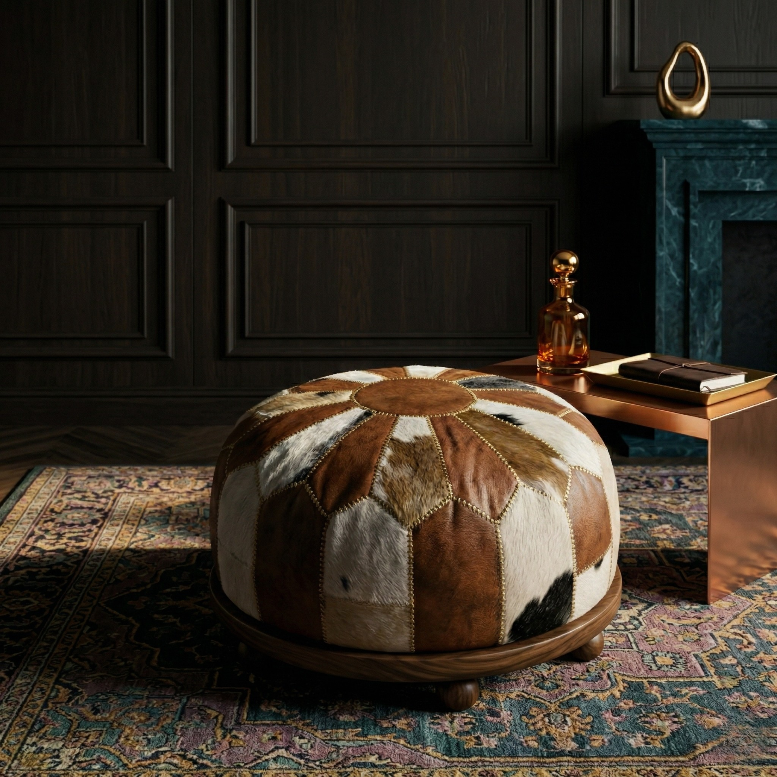 Goat skin Leather Pouf Brown and White