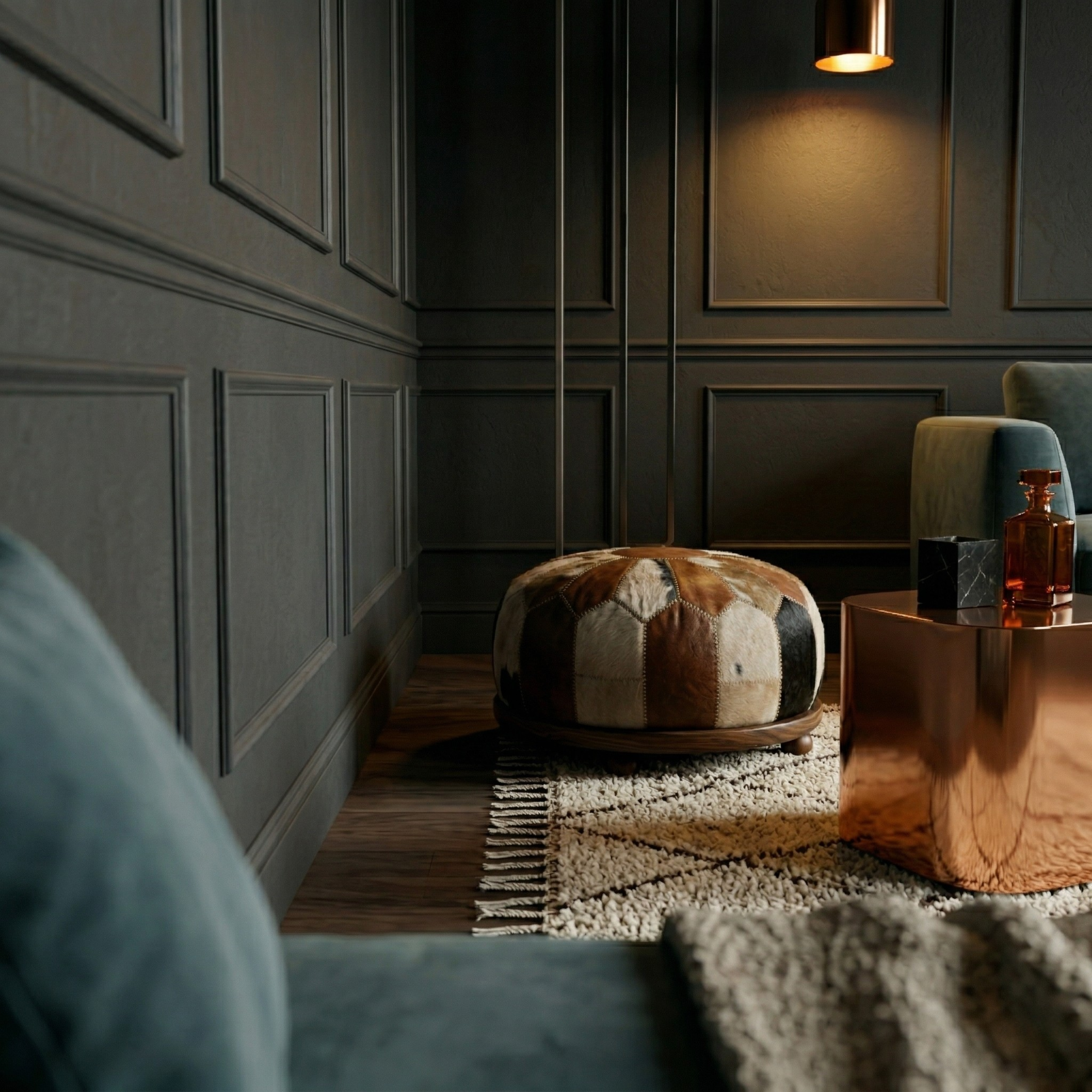 Goat skin Leather Pouf Brown and White