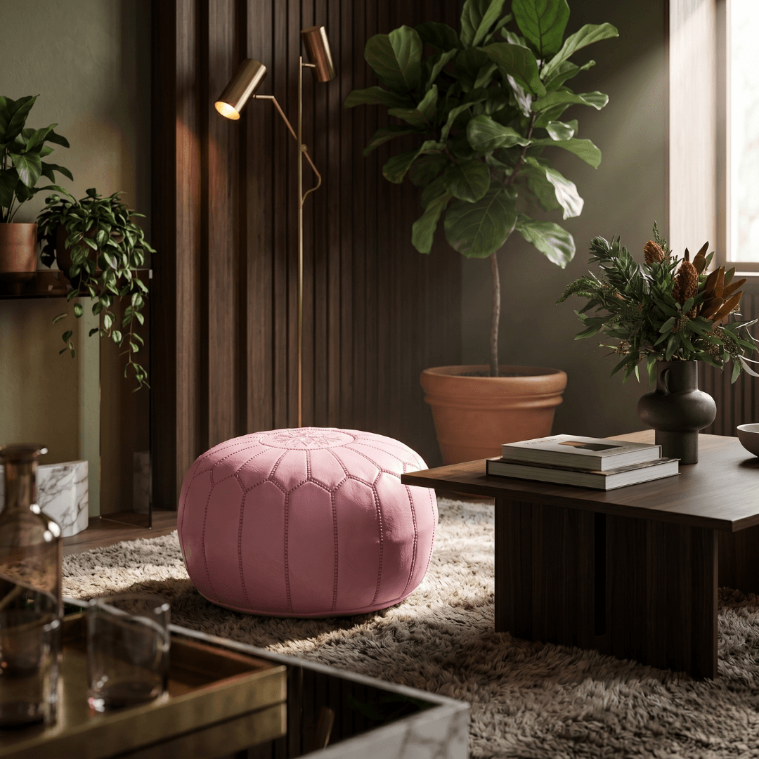 Pink Leather Pouf