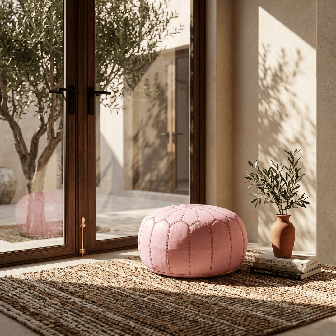 Pink Leather Pouf