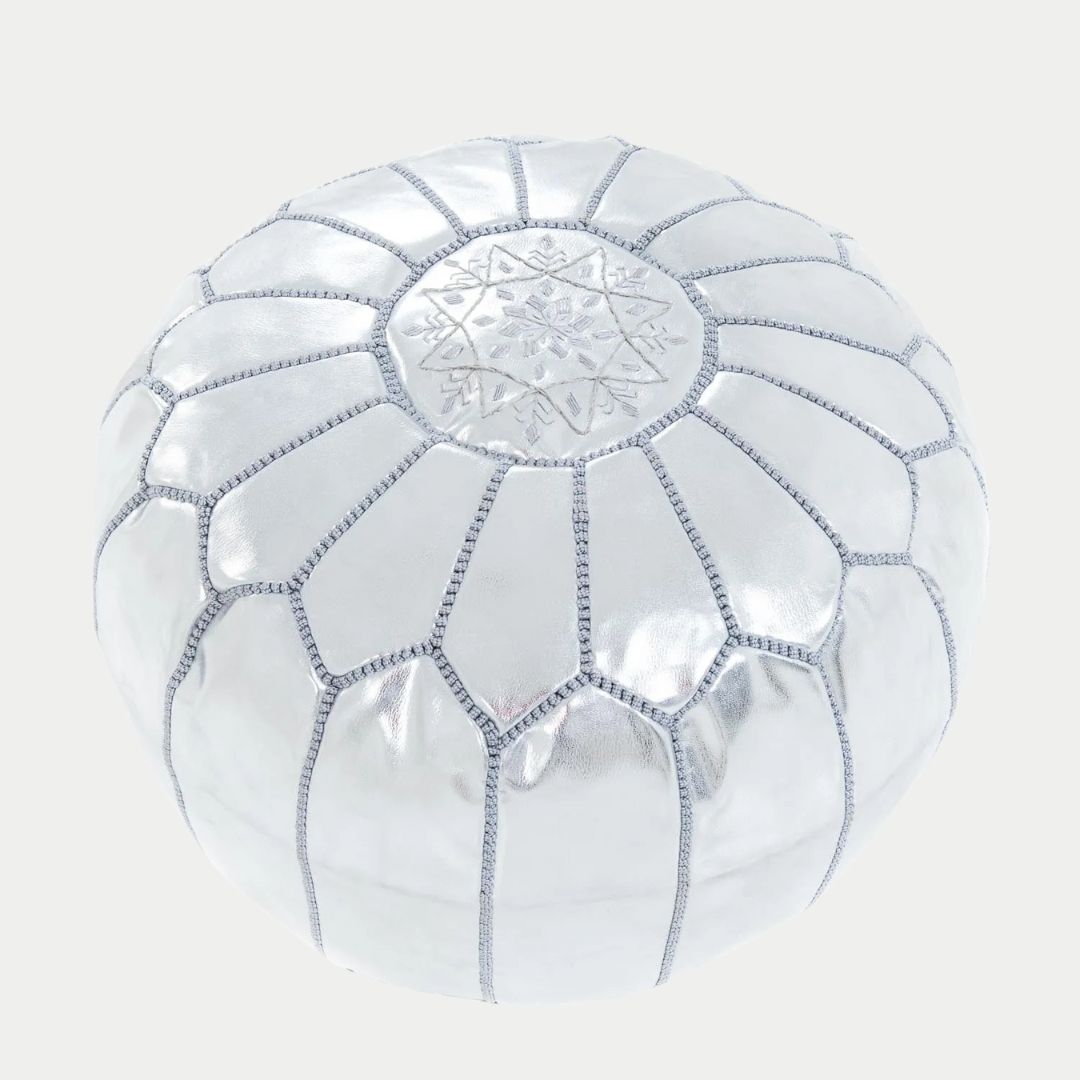 Handmade Moroccan Silver Leather Pouf