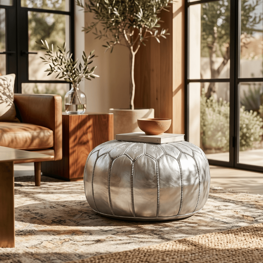 Silver Leather Pouf