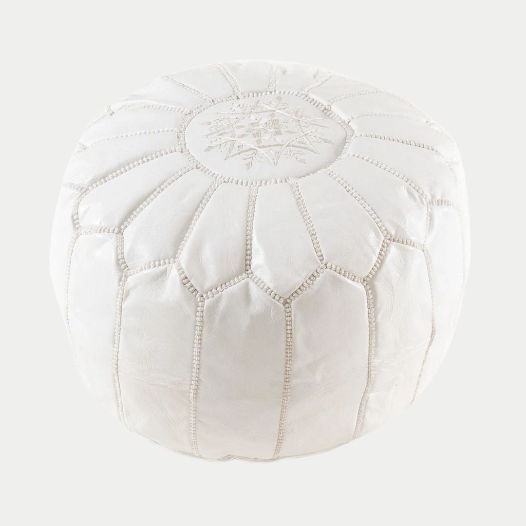 Handmade Moroccan White Leather Pouf