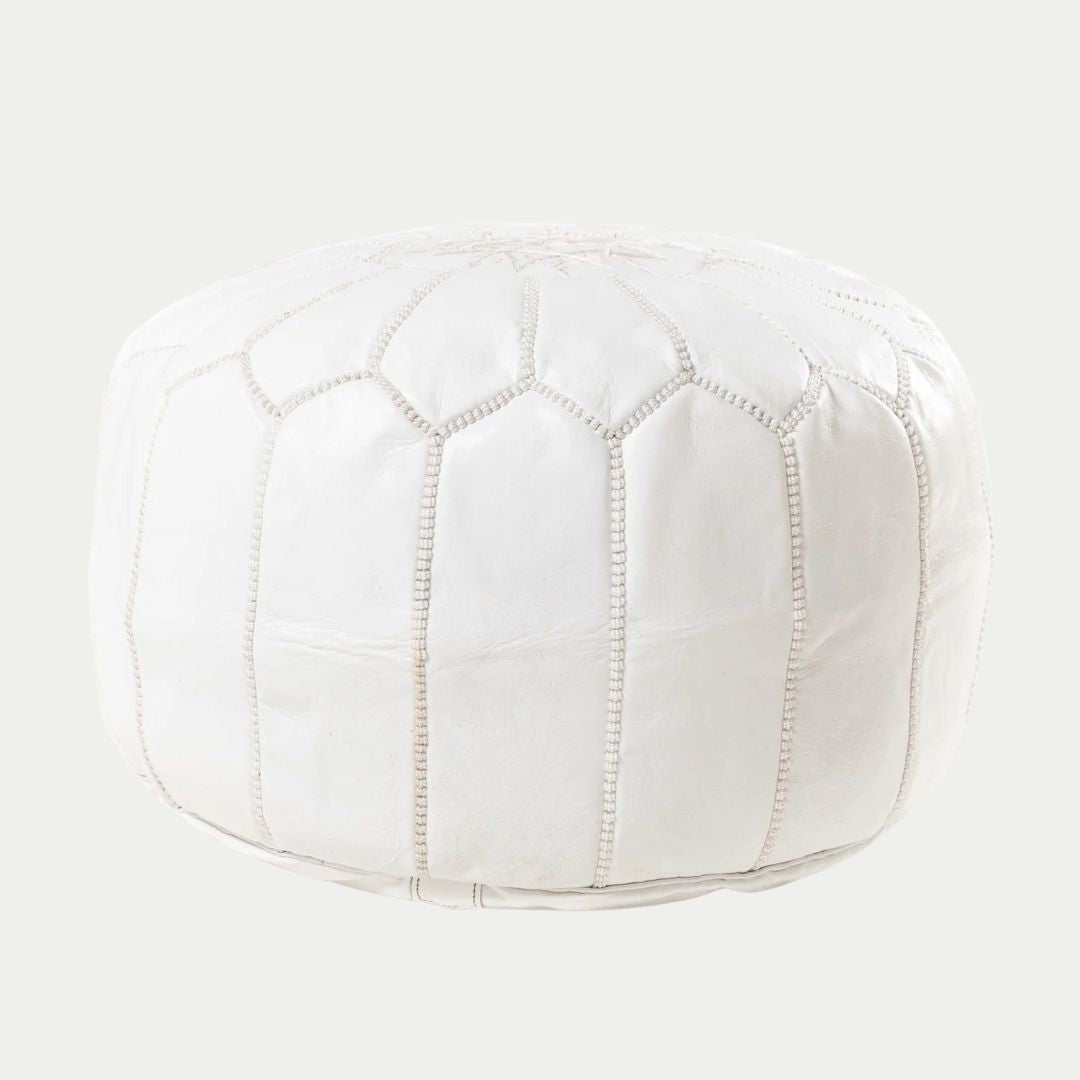 Handmade Moroccan White Leather Pouf