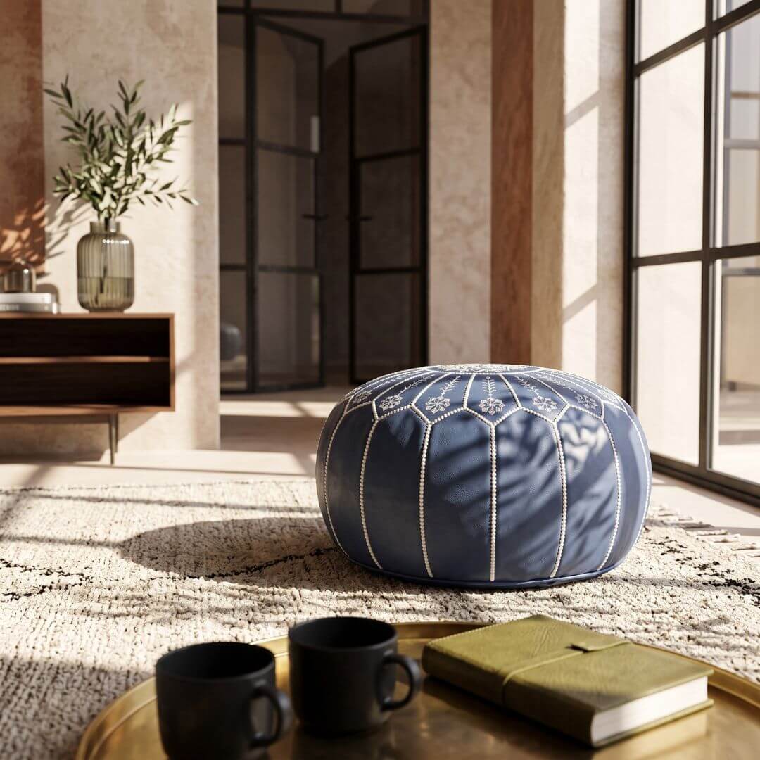 Blue Leather Pouf