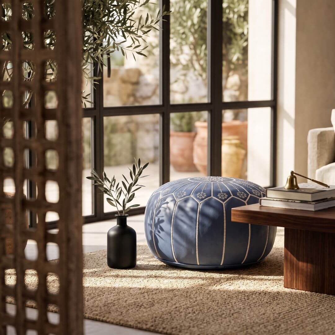 Blue Leather Pouf