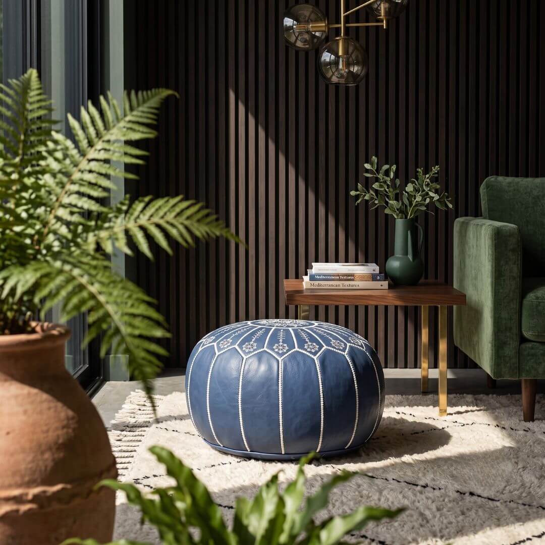 Blue Leather Pouf