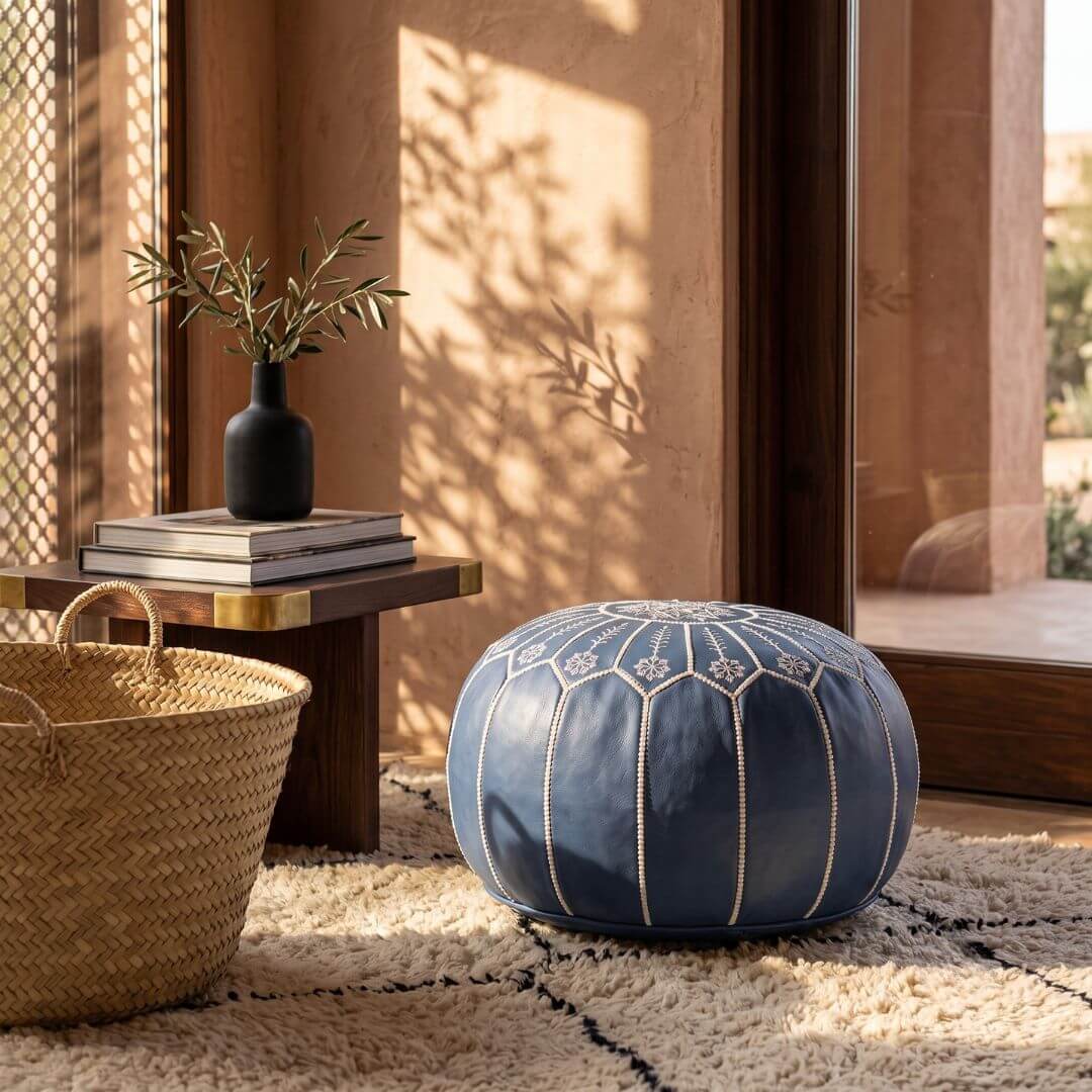 Blue Leather Pouf