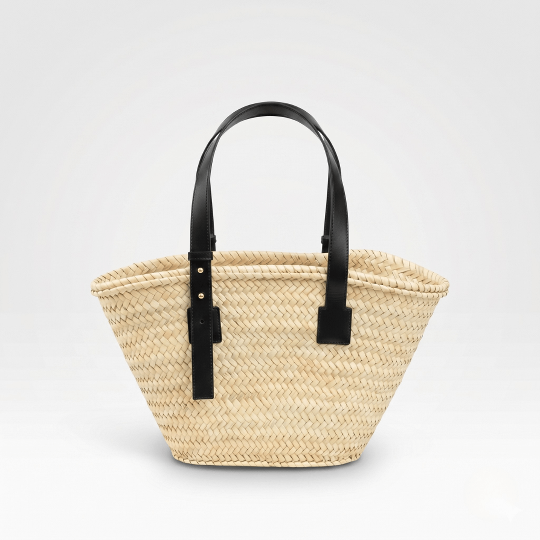 Authentic Moroccan Palm Leaf Market Basket | Black leather