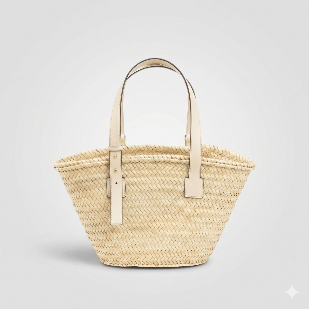 Authentic Moroccan Palm Leaf Market Basket | White Leather