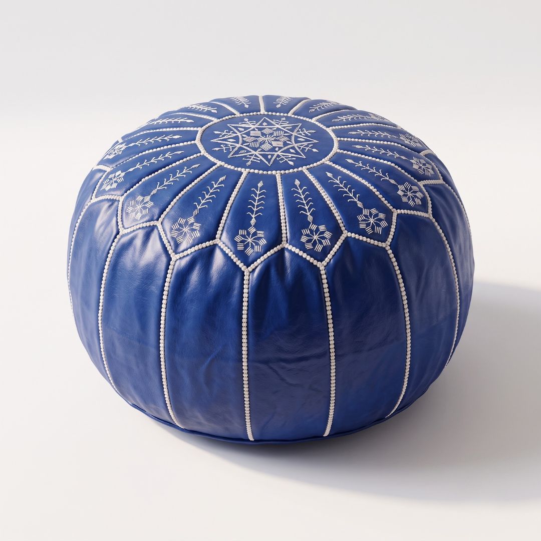 Blue Leather Pouf